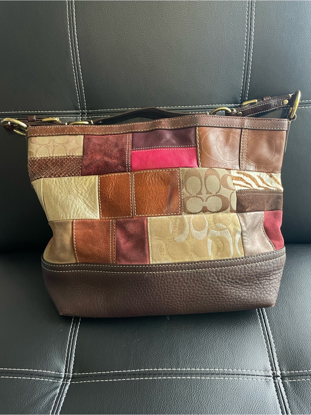 Vintage COACH #10434 Holiday Patchwork Tote Bag Leather Suede Signature Cs 2006